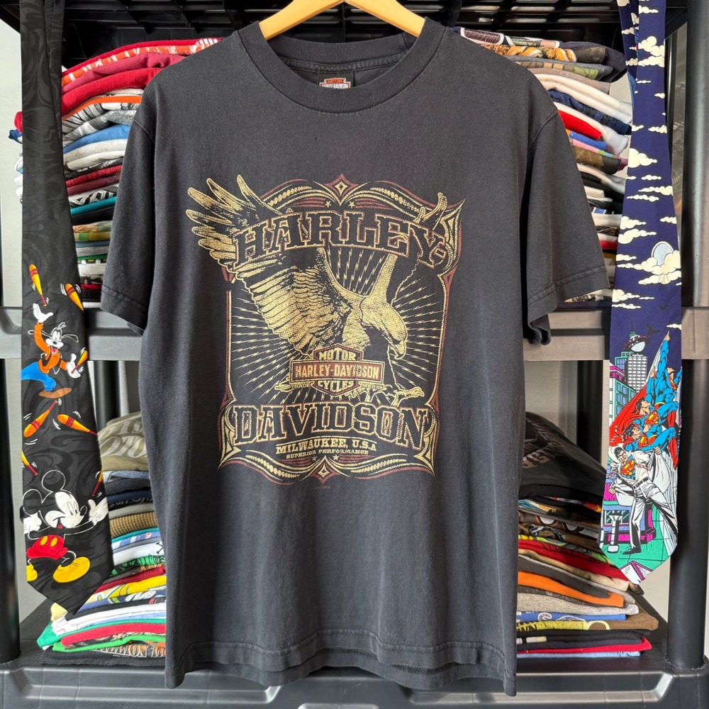 Vintage Black Harley Davidson Eagle Graphic T-Shirt Medium Light Fading